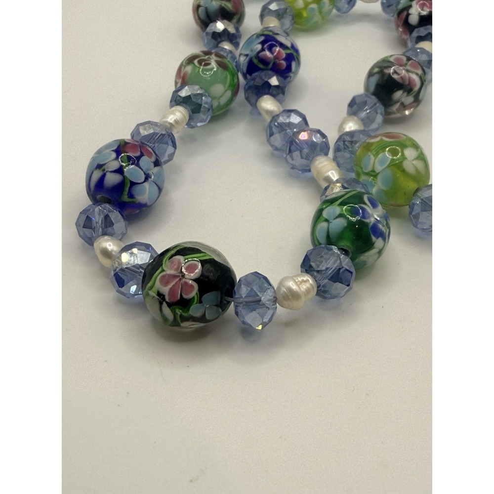 Floral Glass Pearl Beaded Necklace Blue Green Artisan Wedding Cake Style 23" - Picture 2 of 7